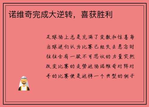 诺维奇完成大逆转，喜获胜利