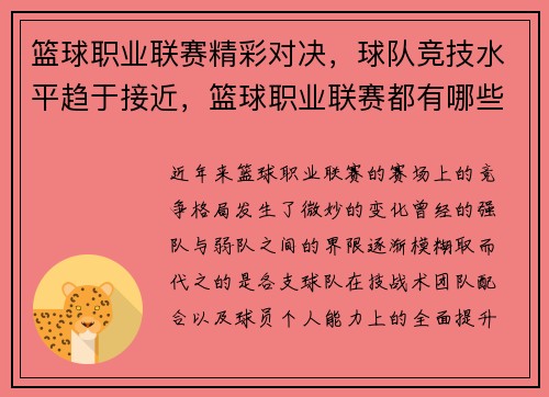 篮球职业联赛精彩对决，球队竞技水平趋于接近，篮球职业联赛都有哪些