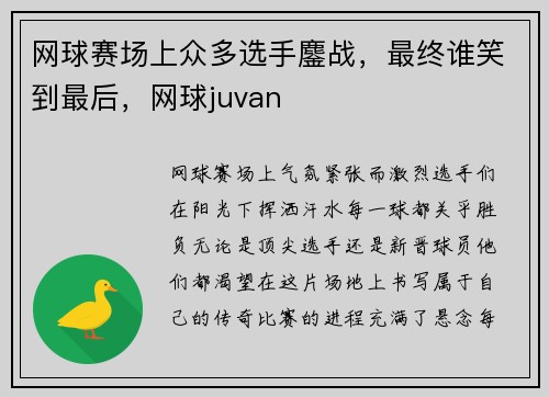 网球赛场上众多选手鏖战，最终谁笑到最后，网球juvan